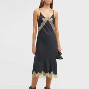 rag & bone Logan Midi Dress Lace Trim Flowing Silk Black NWT